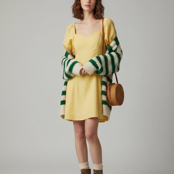 Cottagecore Babydoll Mini Puff Sleeve Sweetheart Light Academia Yellow - Picture 1 of 13